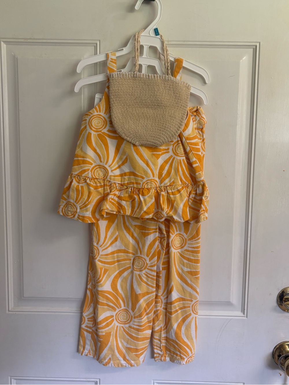 4 (XS) Max Studio yellow/white sunflower tank  top/wide leg pants/Purse.  In EUC